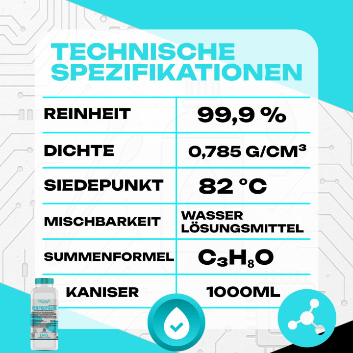 Isopropanol 1L 99,9% IPA Reinigungsalkohol Entfetter für Elektronik GiDeli